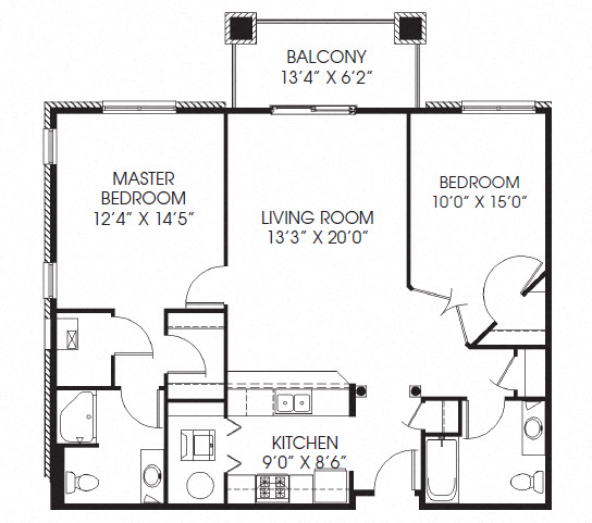 Floor plan for 2 beds, 2 baths, 1137 sqft